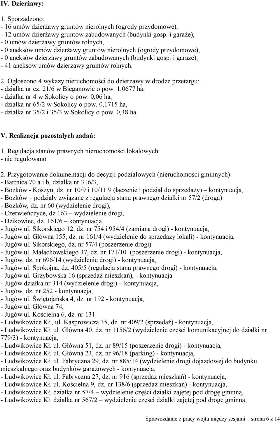 i garaże), - 41 aneksów umów dzierżawy gruntów rolnych. 2. Ogłoszono 4 wykazy nieruchomości do dzierżawy w drodze przetargu: - działka nr cz. 21/6 w Bieganowie o pow.