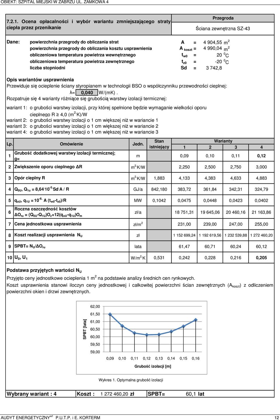 przegrody do obliczania kosztu usprawnienia A koszt = 4 990,04 m 2 obliczeniowa temperatura powietrza wewnętrznego t w0 = 20 0 C obliczeniowa temperatura powietrza zewnętrznego t z0 = -20 0 C liczba