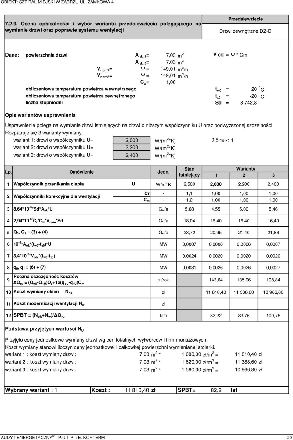 2 = 7,03 m 2 V nom1 = Ψ = 149,01 m 3 /h V nom2 = Ψ = 149,01 m 3 /h C w = 1,00 obliczeniowa temperatura powietrza wewnętrznego t w0 = 20 0 C obliczeniowa temperatura powietrza zewnętrznego t z0 = -20