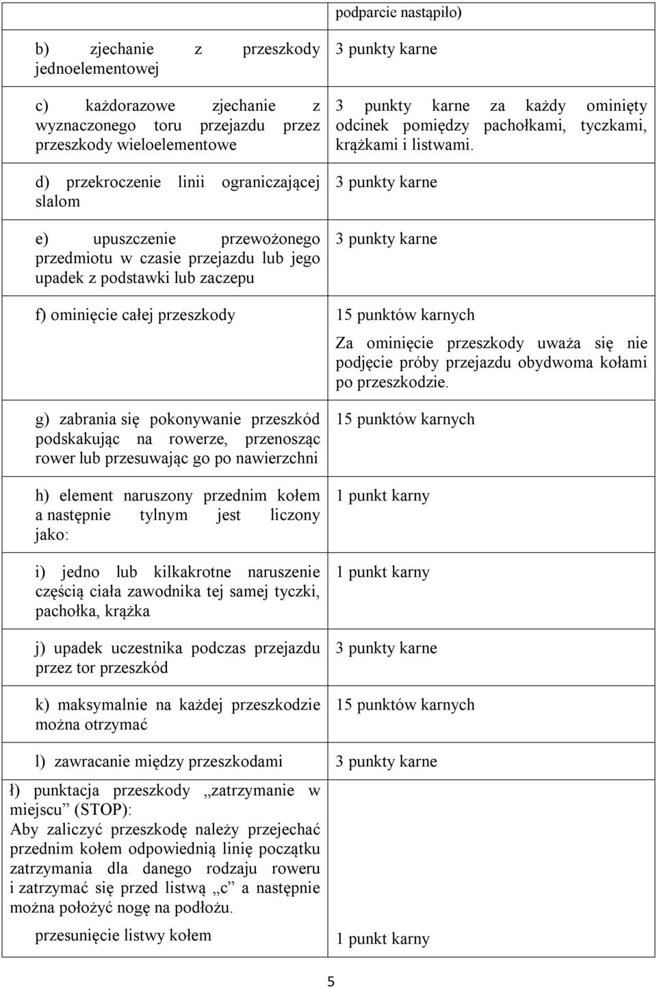 f) ominięcie całej przeszkody 15 punktów karnych Za ominięcie przeszkody uważa się nie podjęcie próby przejazdu obydwoma kołami po przeszkodzie.