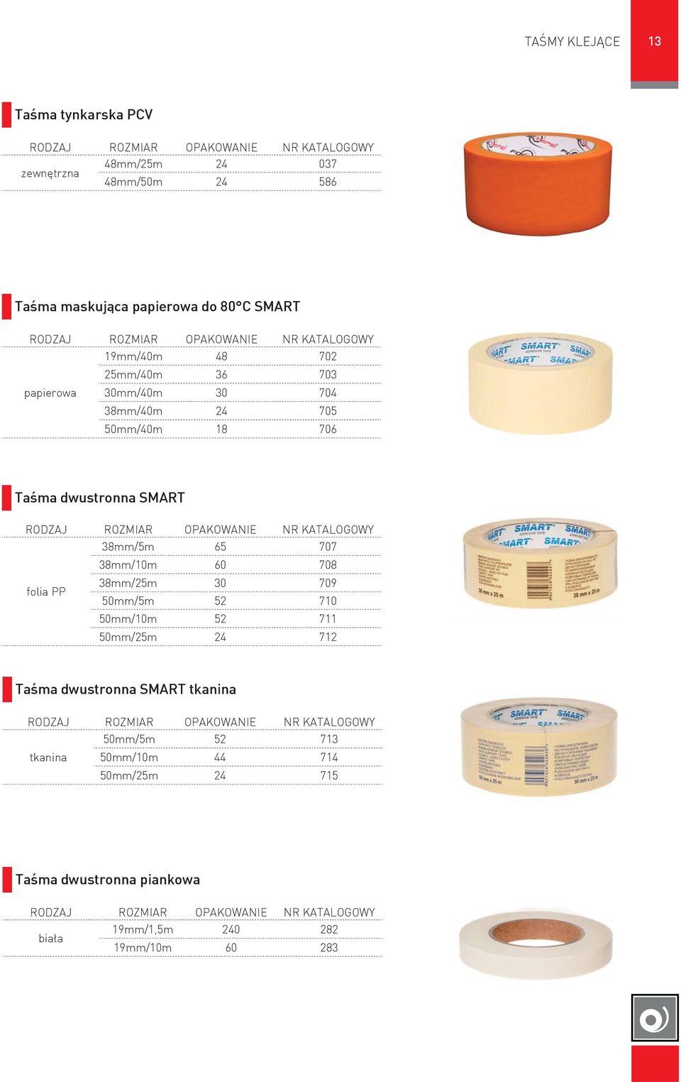 65 707 38mm/10m 60 708 folia PP 38mm/25m 30 709 50mm/5m 52 710 50mm/10m 52 711 50mm/25m 24 712 Taśma dwustronna SMART