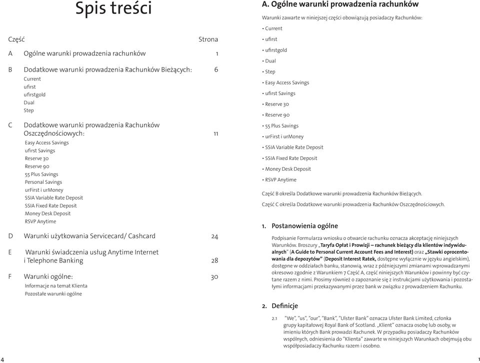 Rachunków Bieżących: 6 C Current ufirst ufirstgold Dual Step Dodatkowe warunki prowadzenia Rachunków Oszczędnościowych: 11 Easy Access Savings ufirst Savings Reserve 30 Reserve 90 55 Plus Savings