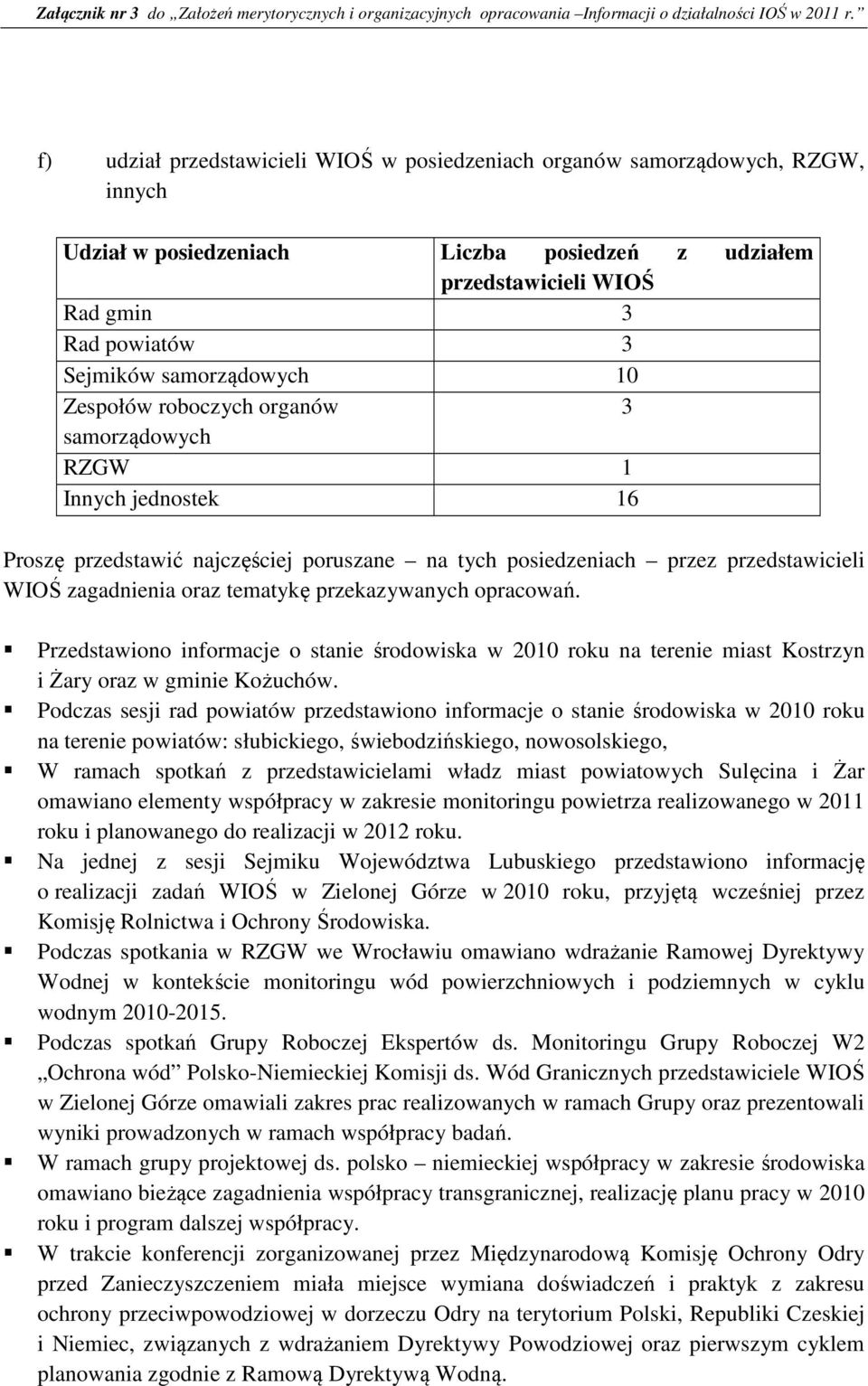 tematykę przekazywanych opracowań. Przedstawiono informacje o stanie środowiska w 2010 roku na terenie miast Kostrzyn i Żary oraz w gminie Kożuchów.