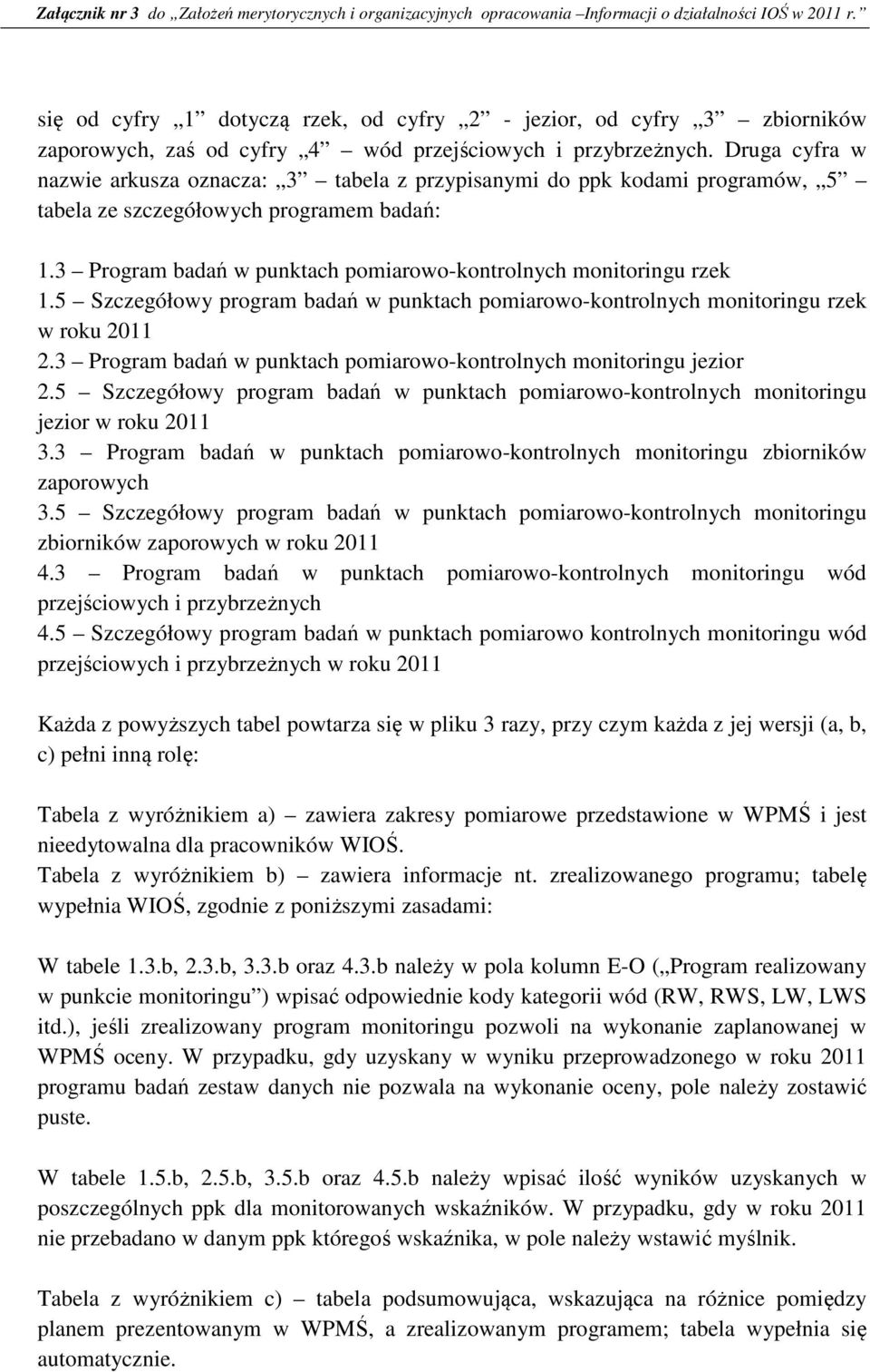 5 Szczegółowy program badań w punktach pomiarowo-kontrolnych monitoringu rzek w roku 2011 2.3 Program badań w punktach pomiarowo-kontrolnych monitoringu jezior 2.