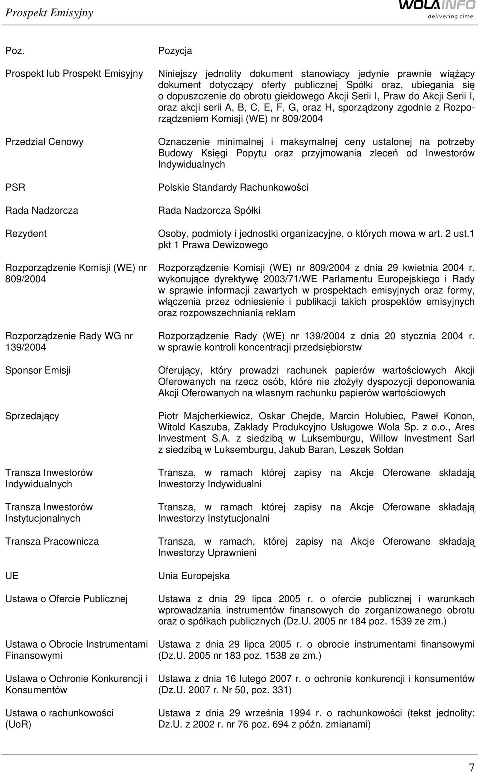 Konsumentów Ustawa o rachunkowości (UoR) Pozycja Niniejszy jednolity dokument stanowiący jedynie prawnie wiążący dokument dotyczący oferty publicznej Spółki oraz, ubiegania się o dopuszczenie do