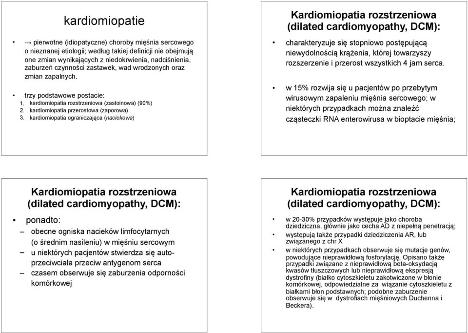 kardiomiopatia ograniczająca (naciekowa) Kardiomiopatia rozstrzeniowa (dilated cardiomyopathy, DCM): charakteryzuje się stopniowo postępującą niewydolnością krążenia, której towarzyszy rozszerzenie i