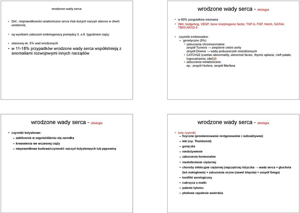5% wad wrodzonych w 11-18% przypadków wrodzone wady serca współistnieją z anomaliami rozwojowymi innych narządów w 90% przypadków nieznana Wnt, hedgehog, VEGF, bone morphogenic factor, TGF-b, FGF,