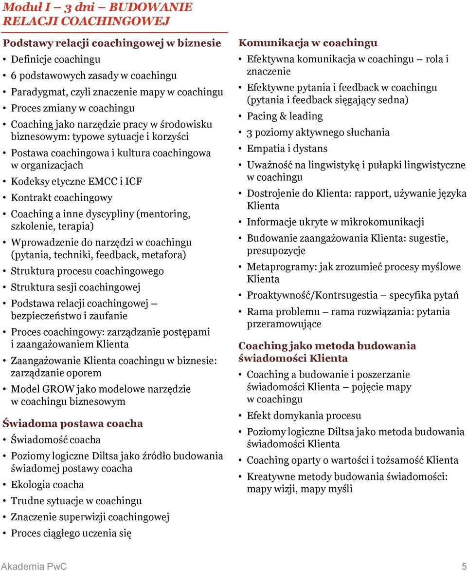 Coaching a inne dyscypliny (mentoring, szkolenie, terapia) Wprowadzenie do narzędzi w coachingu (pytania, techniki, feedback, metafora) Struktura procesu coachingowego Struktura sesji coachingowej