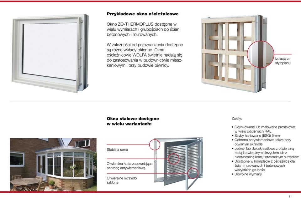 Izolacja ze styropianu Okna stalowe dostępne w wielu wariantach: Stabilna rama Otwieralna krata zapewniająca ochronę antywłamaniową.