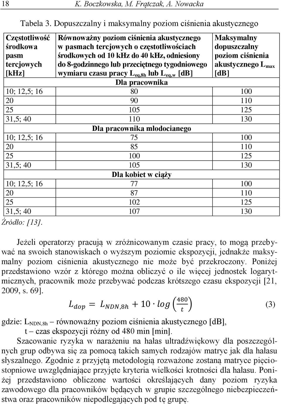 khz do 40 khz, odniesiony do 8-godzinnego lub przeciętnego tygodniowego wymiaru czasu pracy L eq,8h lub L eq,w [db] Maksymalny dopuszczalny poziom ciśnienia akustycznego L max [db] Dla pracownika 10;