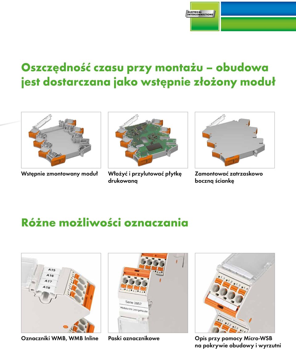 Zamontować zatrzaskowo boczną ściankę Różne możliwości oznaczania Oznaczniki