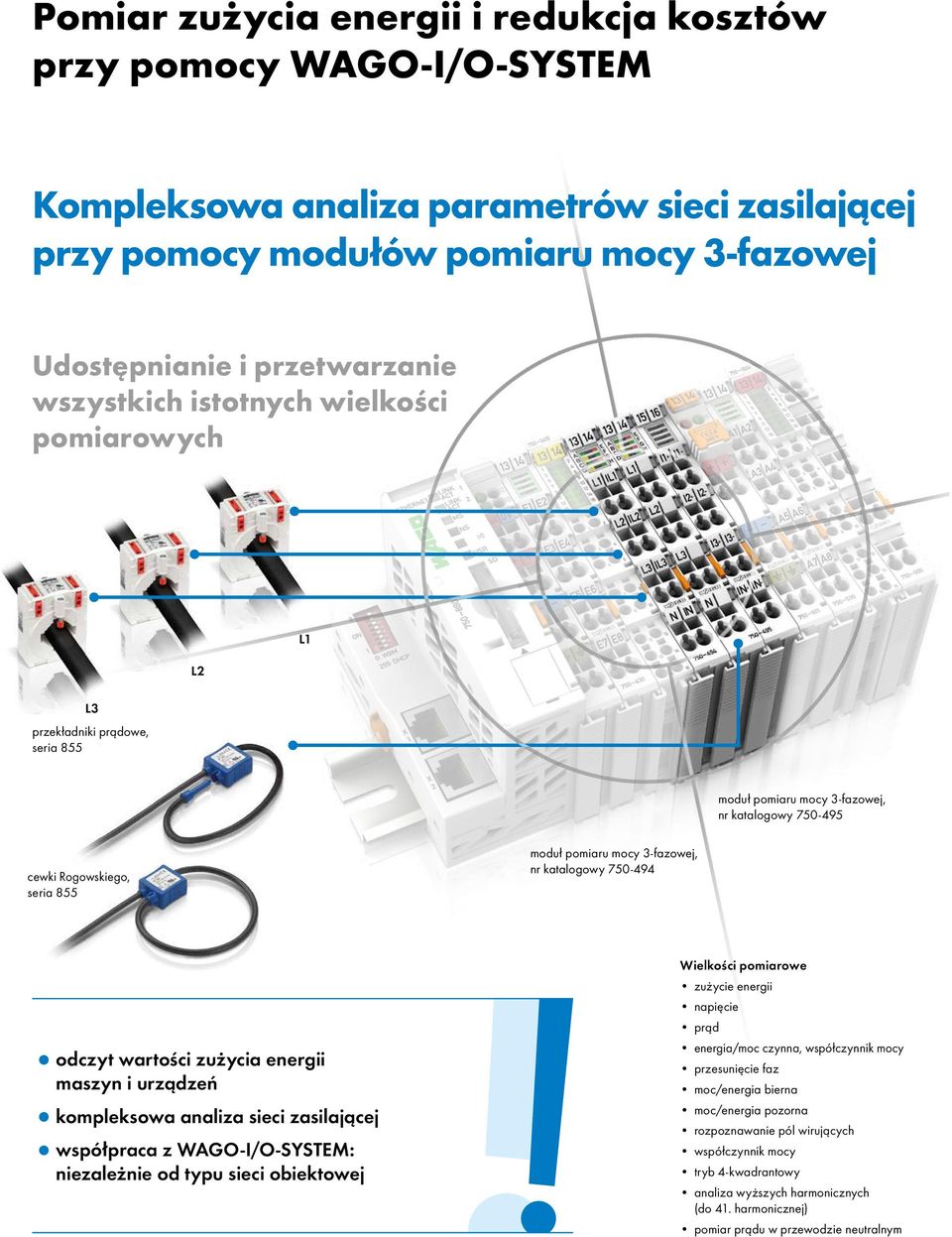 katalogowy 750-494 odczyt wartości zużycia energii maszyn i urządzeń kompleksowa analiza sieci zasilającej współpraca z WAGO-I/O-SYSTEM: niezależnie od typu sieci obiektowej Wielkości pomiarowe