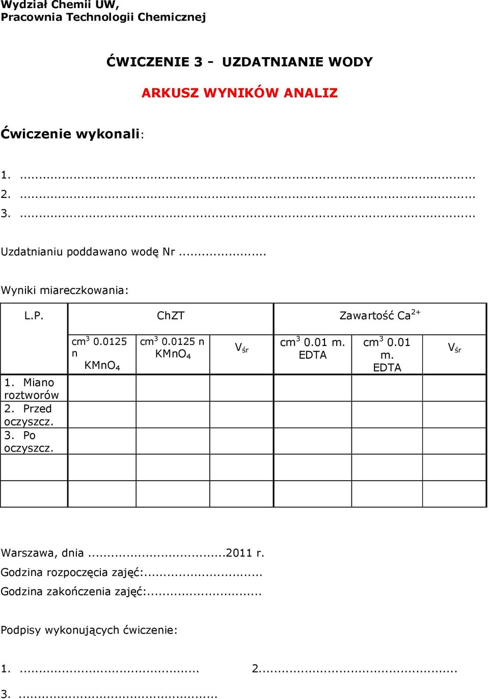 Przed oczyszcz. 3. Po oczyszcz. cm 3 0.0125 n KMnO 4 cm 3 0.0125 n KMnO 4 V śr cm 3 0.01 m. EDTA cm 3 0.01 m. EDTA V śr Warszawa, dnia.