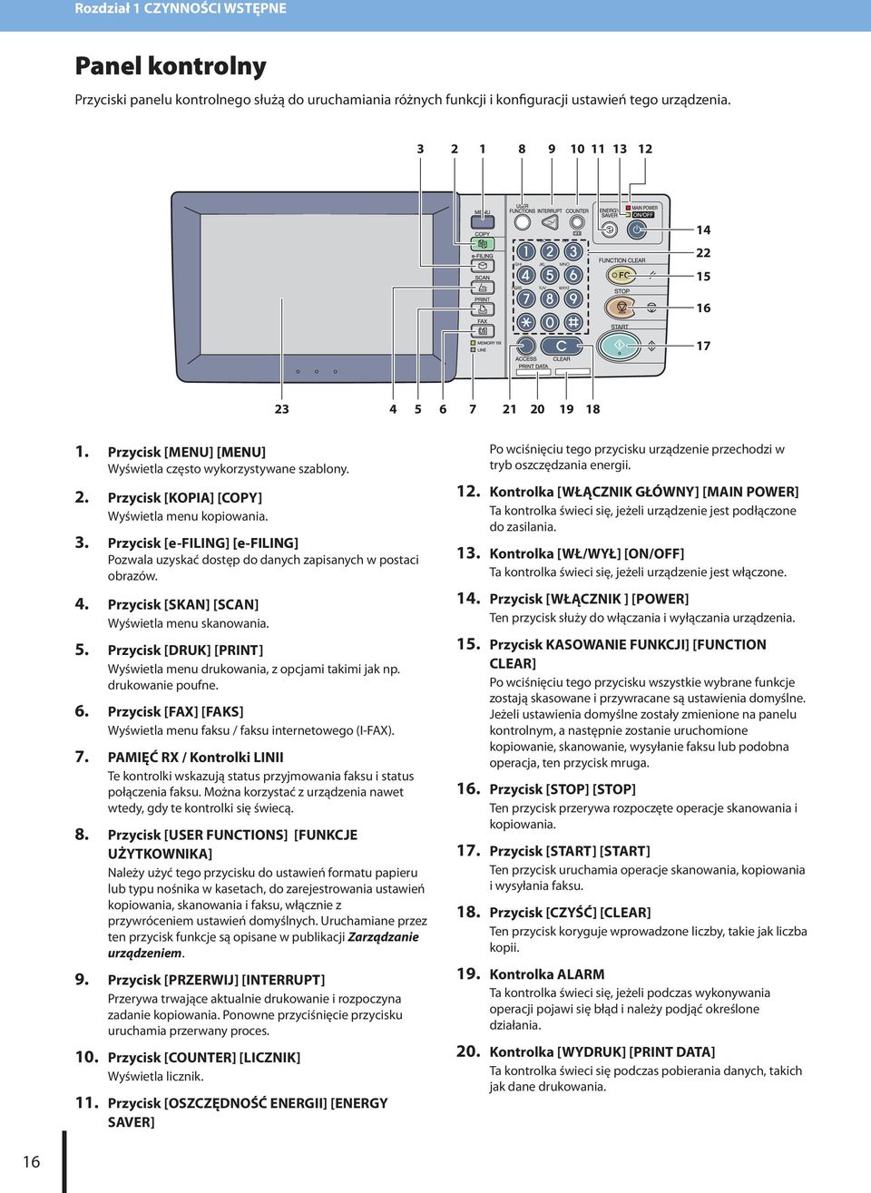 Przycisk [e-filing] [e-filing] [e-filing] Pozwala uzyskać dostęp do danych zapisanych w postaci obrazów. Przycisk [SKAN] [SCAN] Wyświetla menu skanowania.