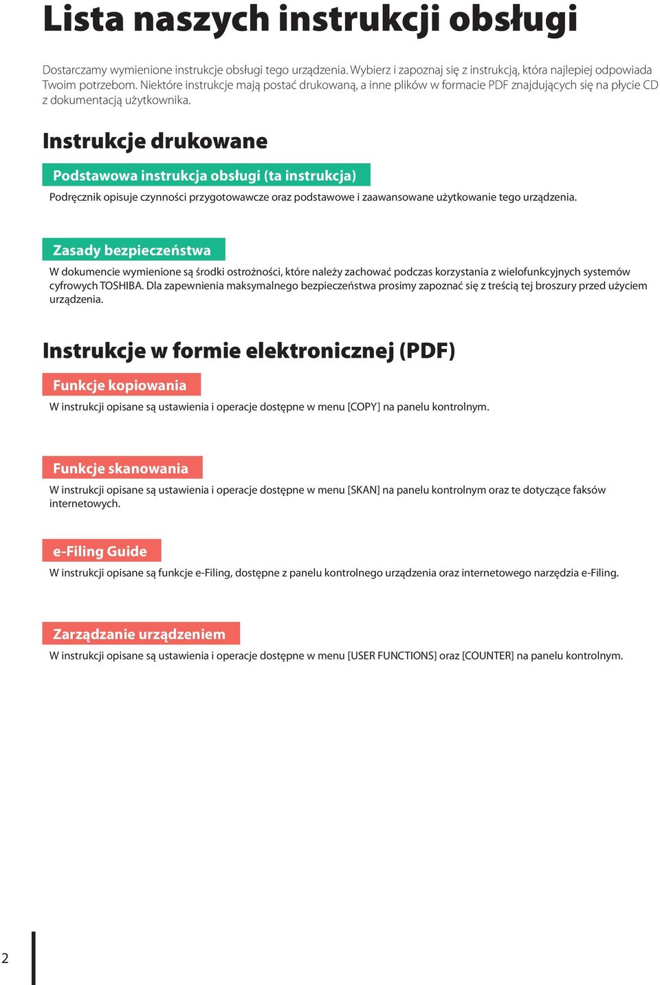 Instrukcje drukowane Podstawowa instrukcja obsługi (ta instrukcja) Podręcznik opisuje czynności przygotowawcze oraz podstawowe i zaawansowane użytkowanie tego urządzenia.