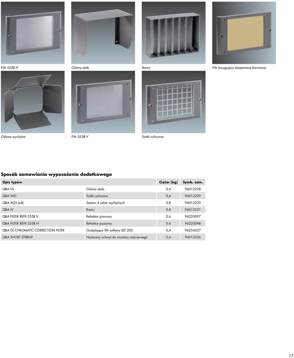 QBA VS Osłona stała, 98 QBA WG Siatki ochronne, 99 QBA AGS (x) Zestaw osłon wychylnych,8 9 QBA LV Rastry,8 9 QBA FILTER REFR B