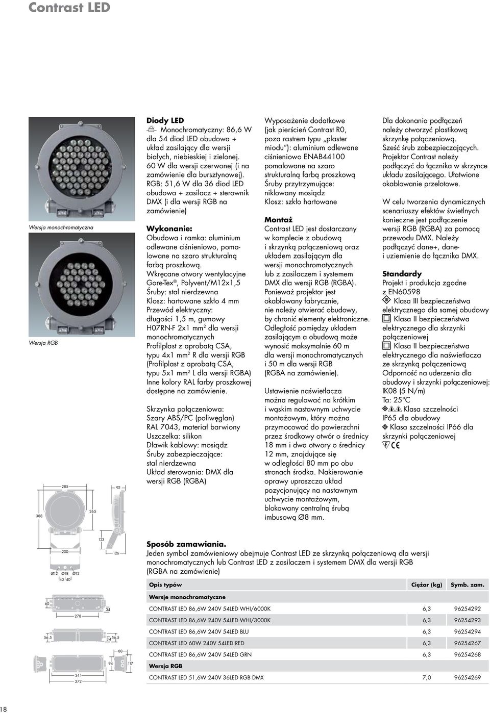 RGB:, W dla diod LED obudowa + zasilacz + sterownik DMX (i dla wersji RGB na zamówienie) Wykonanie: Obudowa i ramka: aluminium odlewane ciśnieniowo, pomalowane na szaro strukturalną farbą proszkową.