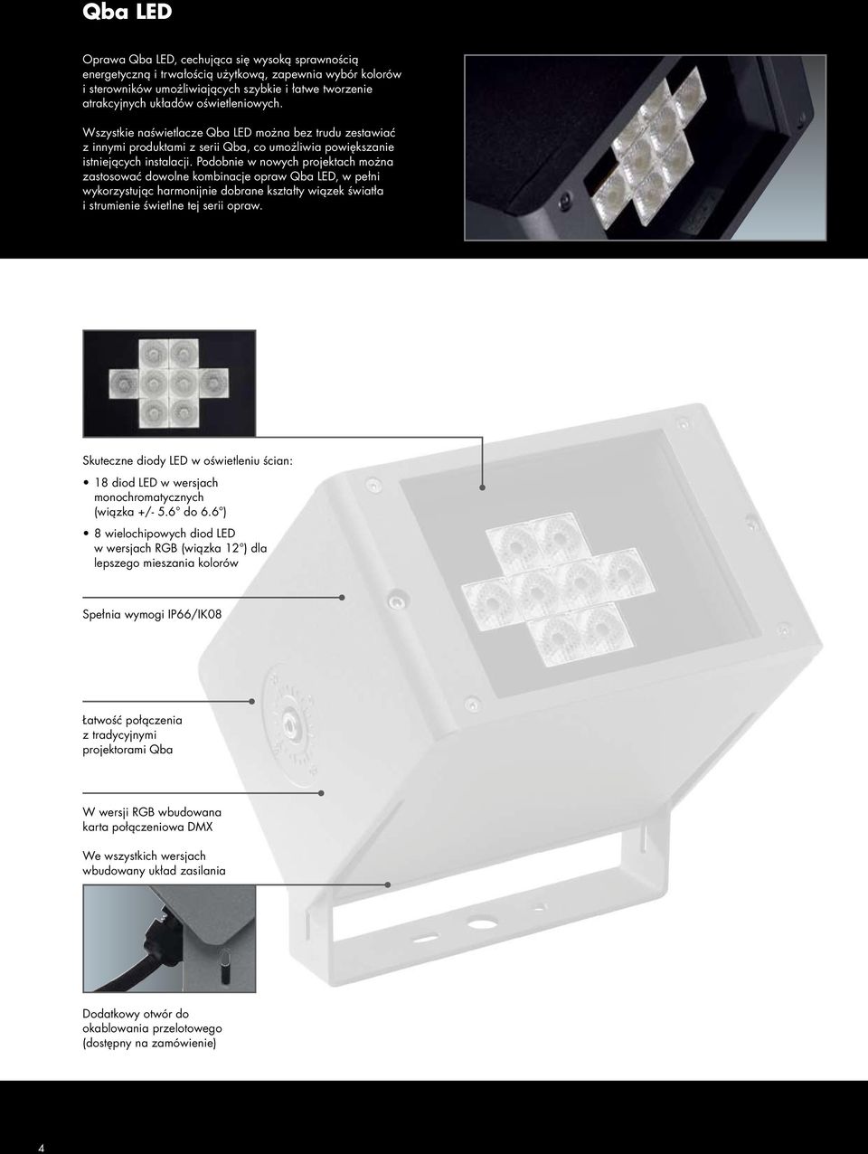 Podobnie w nowych projektach można zastosować dowolne kombinacje opraw Qba LED, w pełni wykorzystując harmonijnie dobrane kształty wiązek światła i strumienie świetlne tej serii opraw.