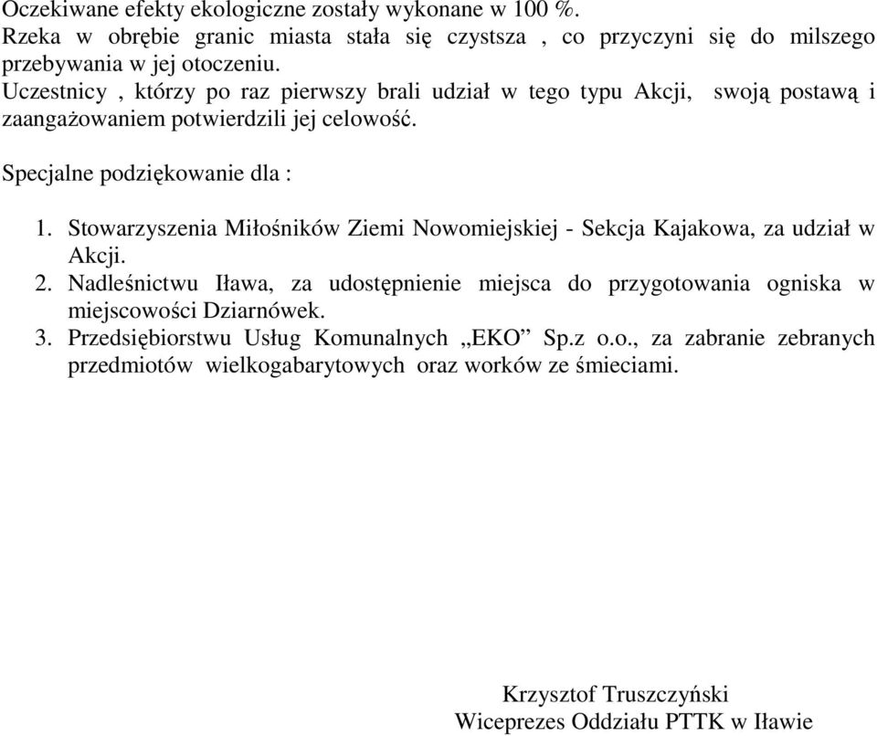 Stowarzyszenia Miłośników Ziemi Nowomiejskiej - Sekcja Kajakowa, za udział w Akcji. 2.