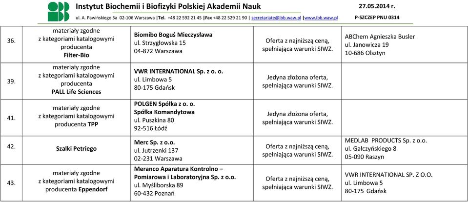 Szalki Petriego Merc Sp. z o.o. ul. Jutrzenki 137 02-231 Warszawa MEDLAB PRODUCTS Sp. z o.o. ul. Gałczyńskiego 8 05-090 Raszyn 43.