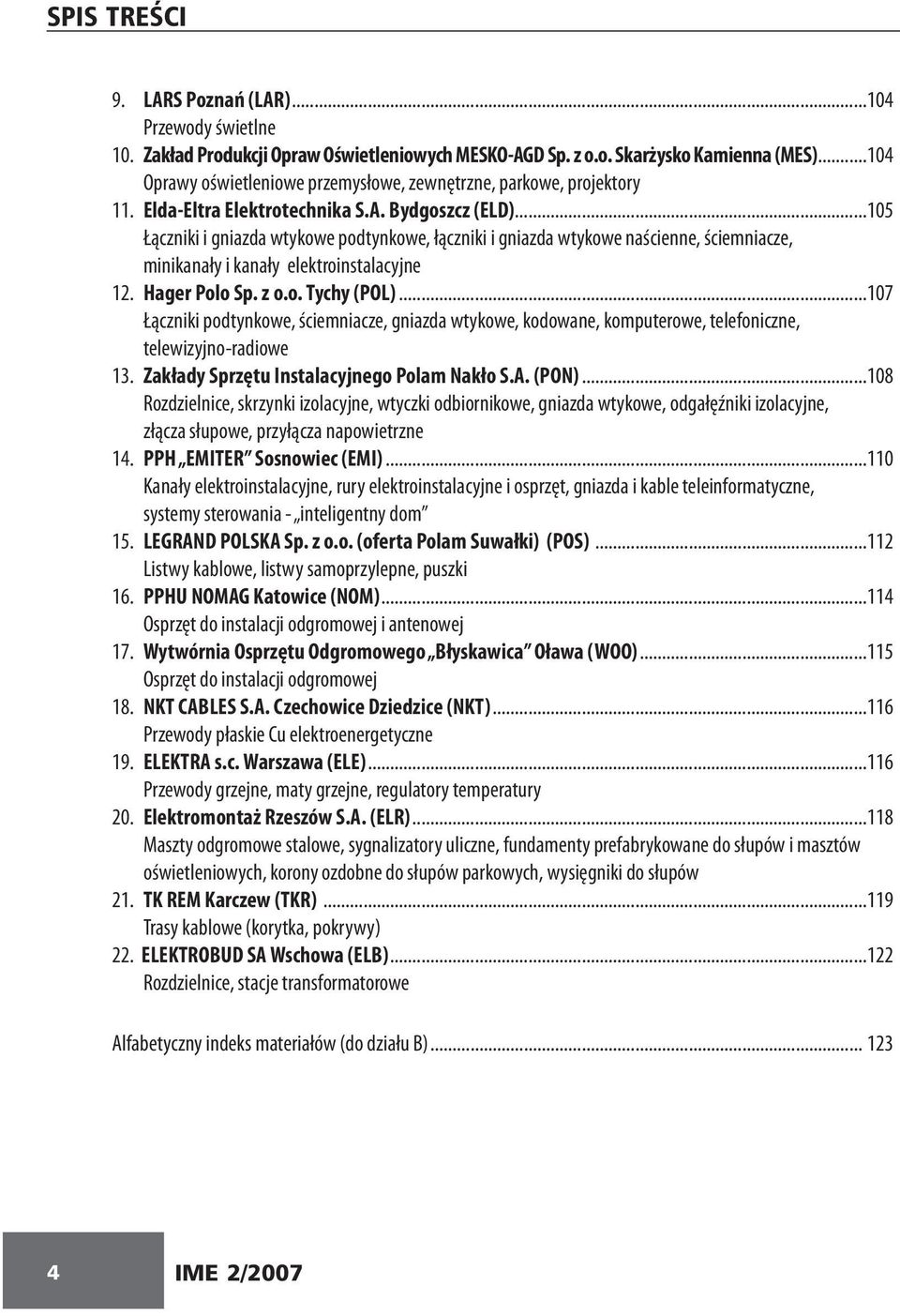 ..105 Łączniki i gniazda wtykowe podtynkowe, łączniki i gniazda wtykowe naścienne, ściemniacze, minikanały i kanały elektroinstalacyjne 12. Hager Polo Sp. z o.o. Tychy (POL).