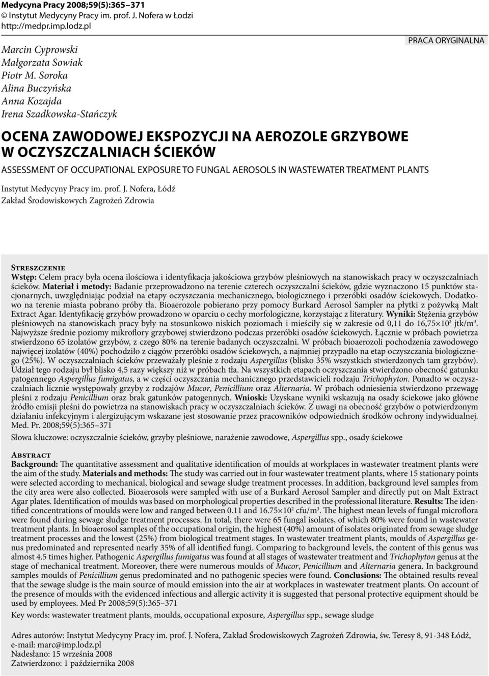 WASTEWATER TREATMENT PLANTS Instytut Medycyny Pracy im. prof. J.