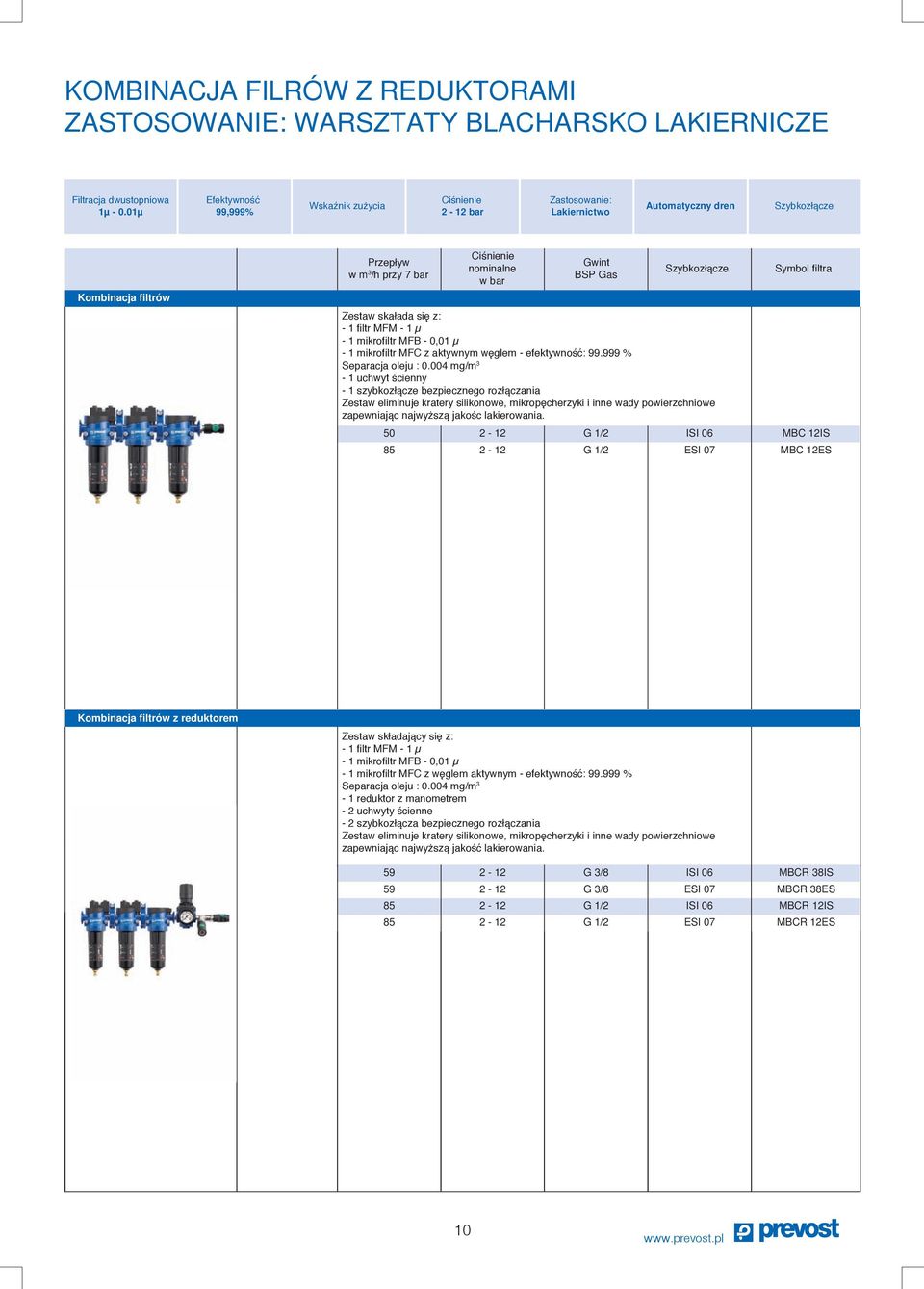 Zestaw skałada się z: - 1 filtr MFM - 1 µ - 1 mikrofiltr MFB - 0,01 µ - 1 mikrofiltr MFC z aktywnym węglem - efektywność: 99.999 % Separacja oleju : 0.