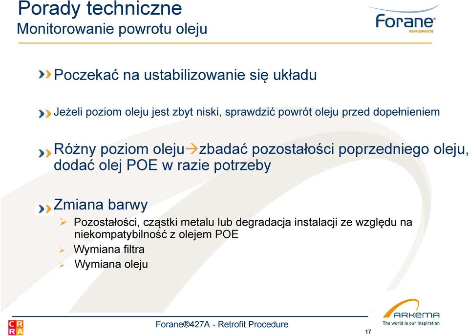 pozostałości poprzedniego oleju, dodać olej POE w razie potrzeby Zmiana barwy Pozostałości, cząstki