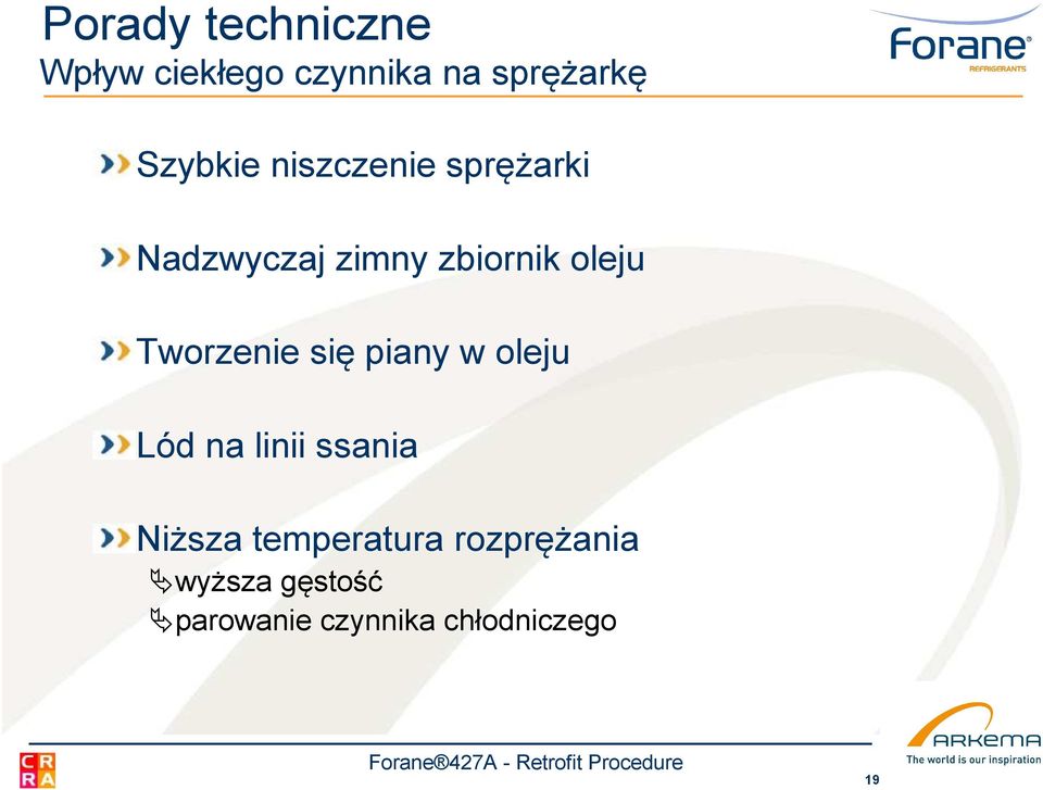 Tworzenie się piany w oleju Lód na linii ssania Niższa