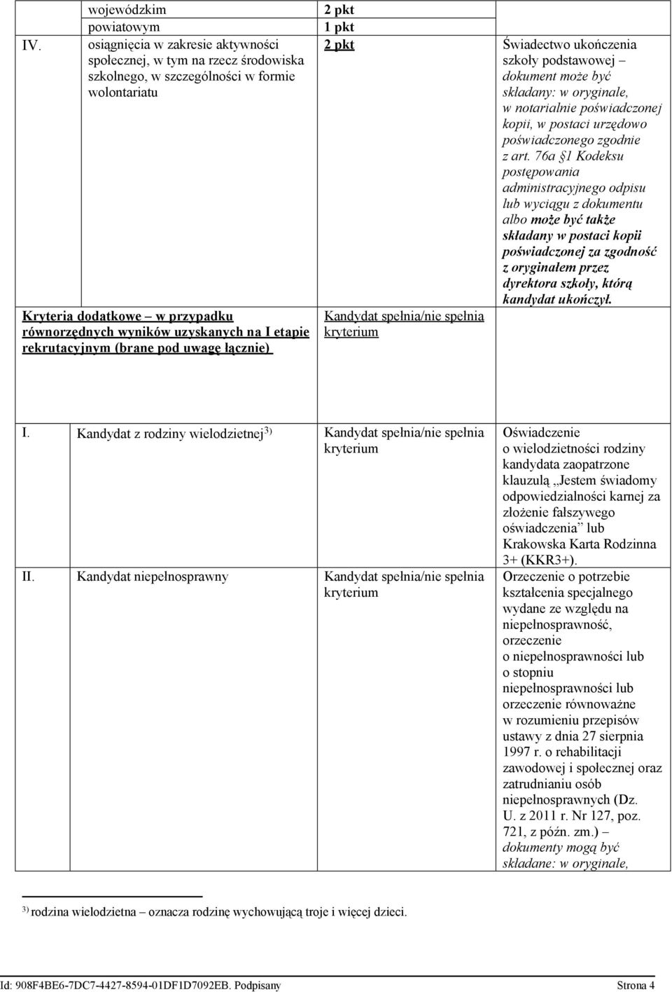 szkoły, którą kandydat ukończył. I. Kandydat z rodziny wielodzietnej 3) II.