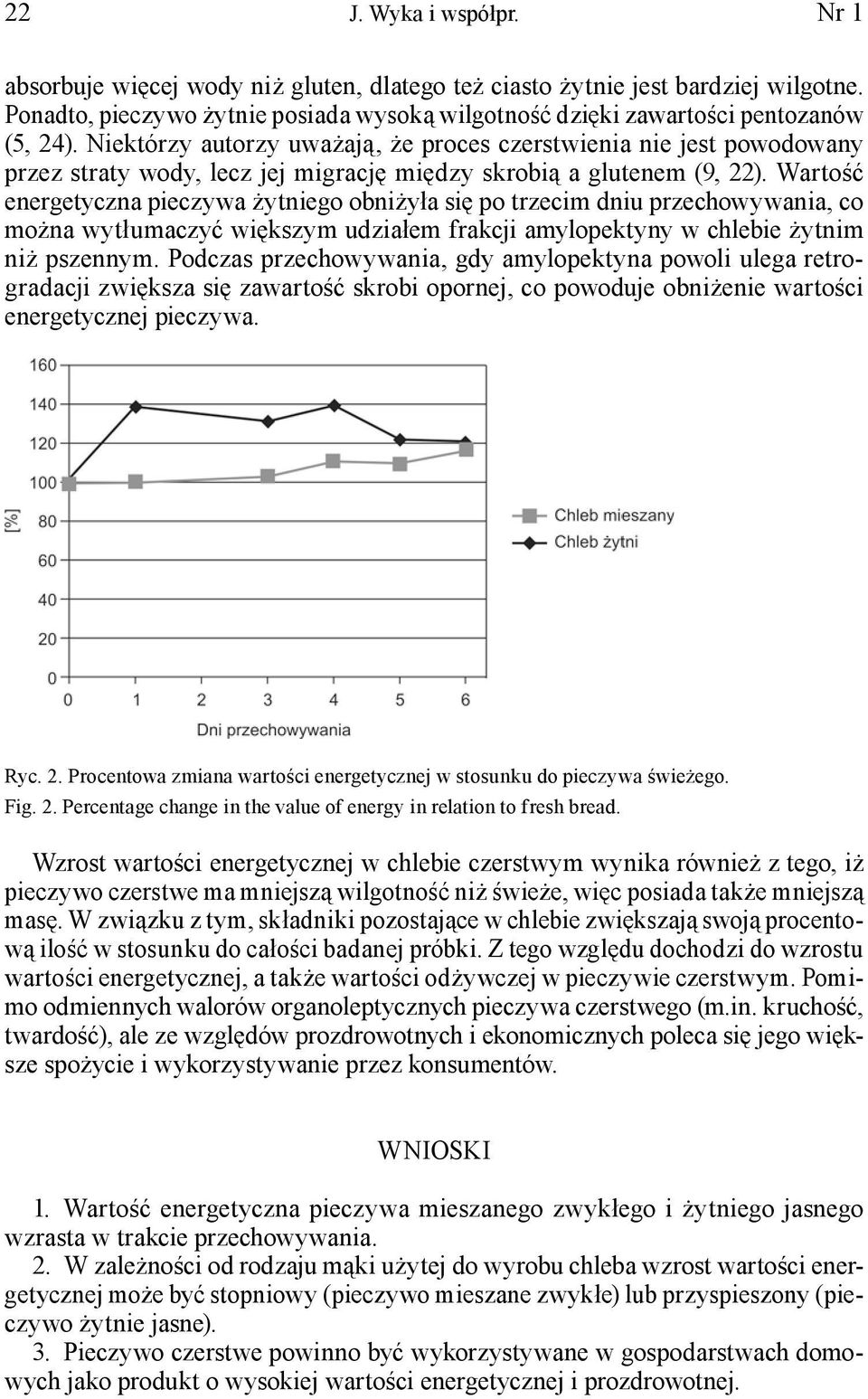 Wartość energetyczna pieczywa żytniego obniżyła się po trzecim dniu przechowywania, co można wytłumaczyć większym udziałem frakcji amylopektyny w chlebie żytnim niż pszennym.