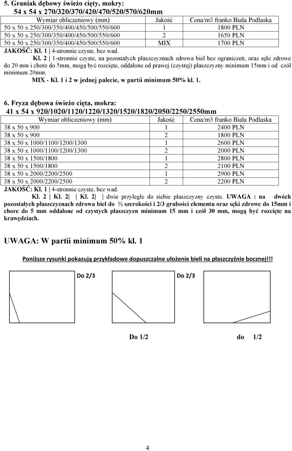 2 1-stronnie czyste, na pozostałych płaszczyznach zdrowa biel bez ograniczeń, oraz sęki zdrowe do 20 mm i chore do 5mm, mogą być rozcięte, oddalone od prawej (czystej) płaszczyzny minimum 15mm i od