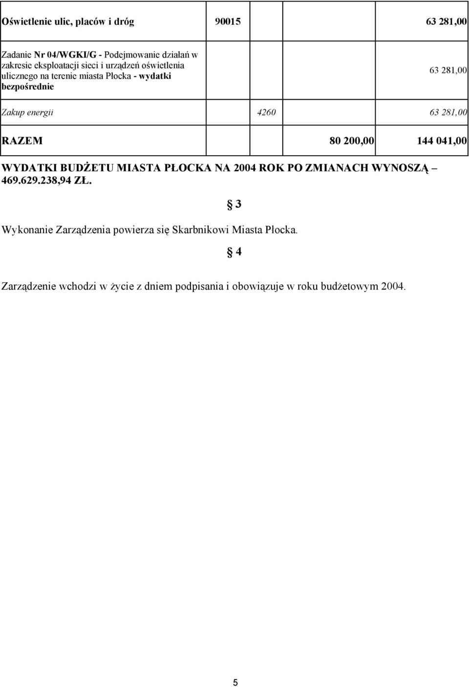 80 200,00 144 041,00 WYDATKI BUDŻETU MIASTA PŁOCKA NA 2004 ROK PO ZMIANACH WYNOSZĄ 469.629.238,94 ZŁ.