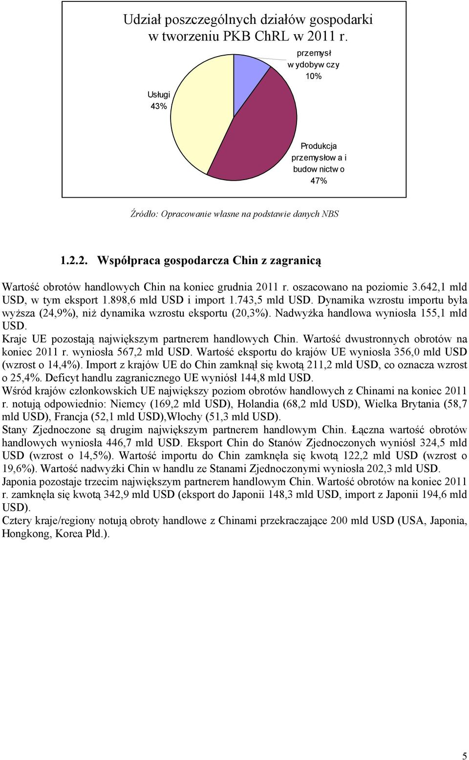 2. Współpraca gospodarcza Chin z zagranicą Wartość obrotów handlowych Chin na koniec grudnia 2011 r. oszacowano na poziomie 3.642,1 mld USD, w tym eksport 1.898,6 mld USD i import 1.743,5 mld USD.