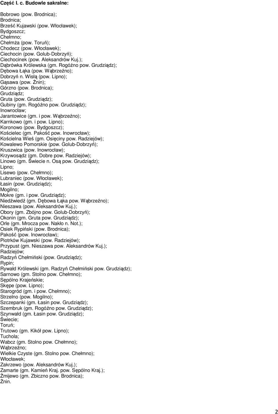 Brodnica); Grudziądz; Gruta (pow. Grudziądz); Gubiny (gm. Rogóźno pow. Grudziądz); Inowrocław; Jarantowice (gm. i pow. Wąbrzeźno); Karnkowo (gm. i pow. Lipno); Koronowo (pow.