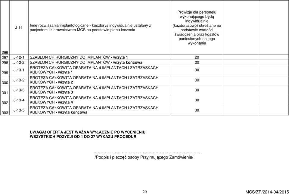 IMPLANTÓW - wizyta końcowa 20 PROTEZA CAŁKOWITA OPARATA NA 4 IMPLANTACH I ZATRZASKACH J-13-1 299 KULKOWYCH - wizyta 1 30 PROTEZA CAŁKOWITA OPARATA NA 4 IMPLANTACH I ZATRZASKACH J-13-2 300 KULKOWYCH -