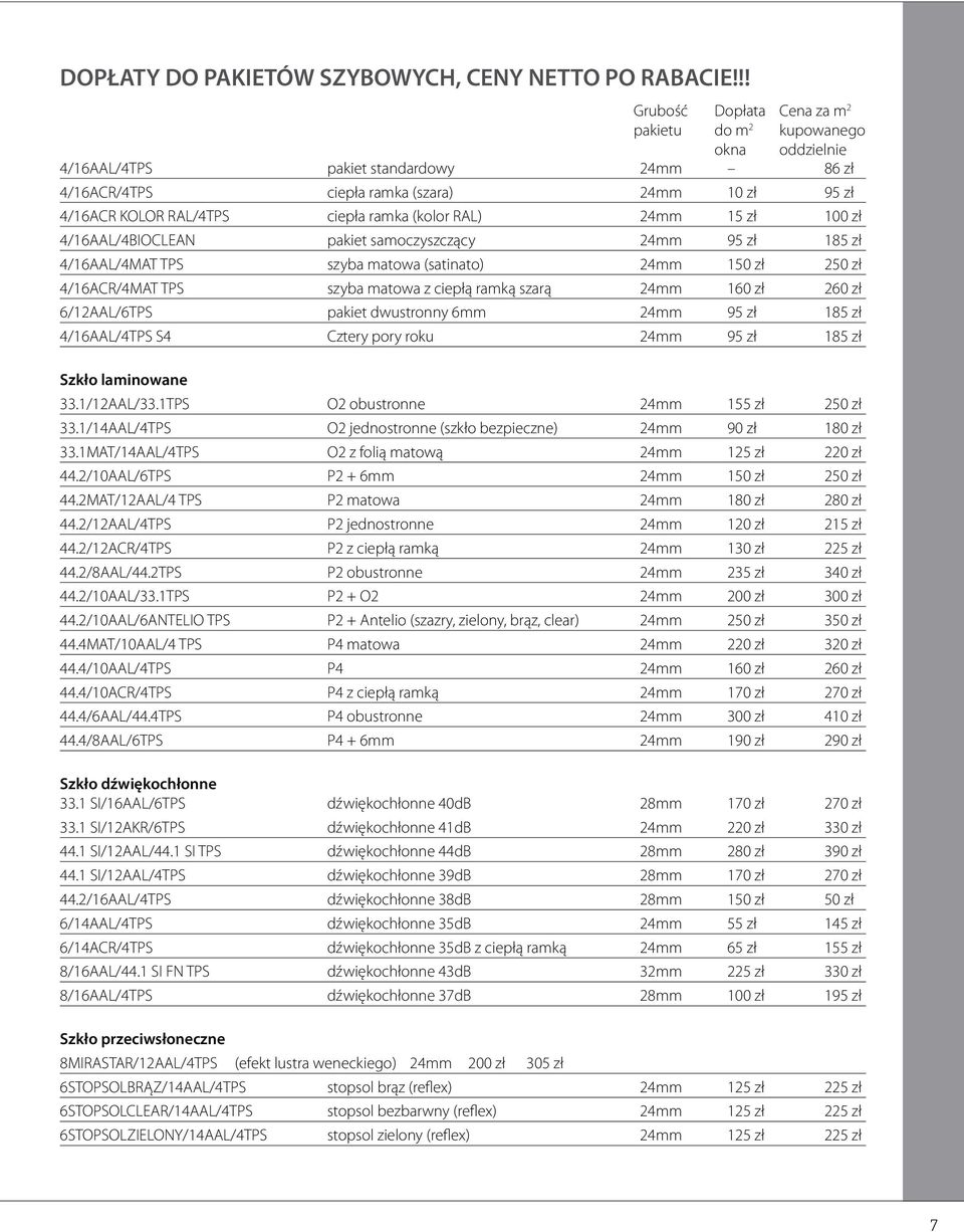 ramka (kolor RAL) 24mm 15 zł 100 zł 4/16AAL/4BIOCLEAN pakiet samoczyszczący 24mm 95 zł 185 zł 4/16AAL/4MAT TPS szyba matowa (satinato) 24mm 150 zł 250 zł 4/16ACR/4MAT TPS szyba matowa z ciepłą ramką