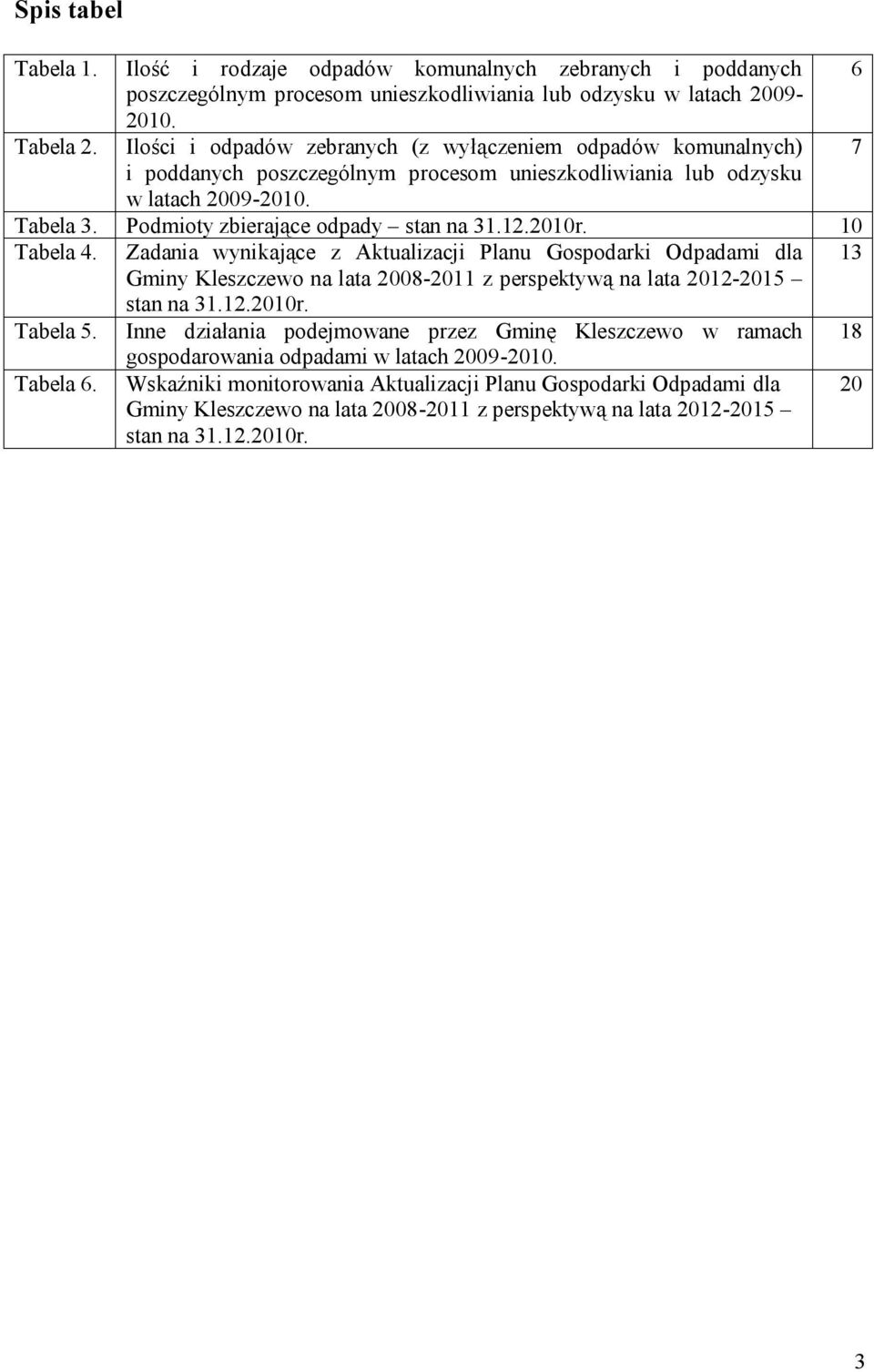 12.2010r. 10 Tabela 4. Zadania wynikające z Aktualizacji Planu Gospodarki Odpadami dla 13 Gminy Kleszczewo na lata 2008-2011 z perspektywą na lata 2012-2015 stan na 31.12.2010r. Tabela 5.