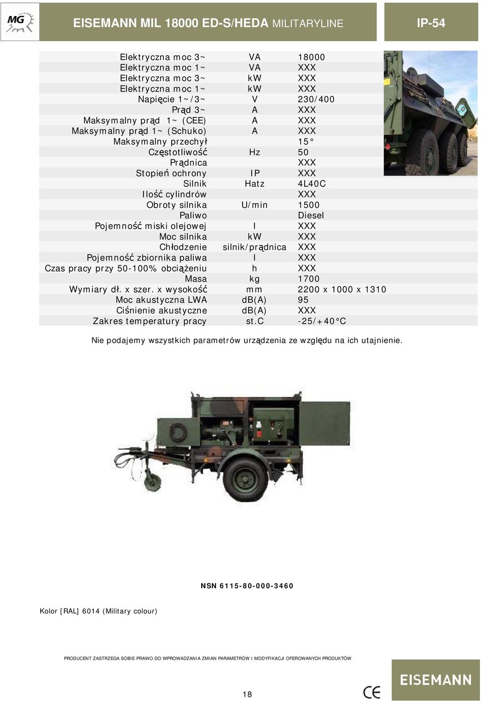 l Moc silnika kw Ch odzenie silnik/pr dnica Pojemno zbiornika paliwa l Czas pracy przy 50-100% obci eniu h Masa kg 1700 Wymiary d. x szer.