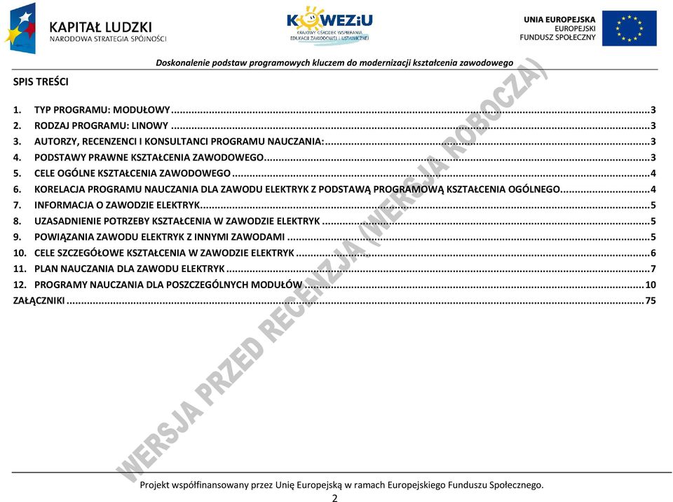 UZASADNIENIE OTRZEY KSZTAŁENIA W ZAWODZIE ELEKTRYK... 5 9. OWIĄZANIA ZAWODU ELEKTRYK Z INNYMI ZAWODAMI... 5 10. ELE SZZEGÓŁOWE KSZTAŁENIA W ZAWODZIE ELEKTRYK... 6 11.