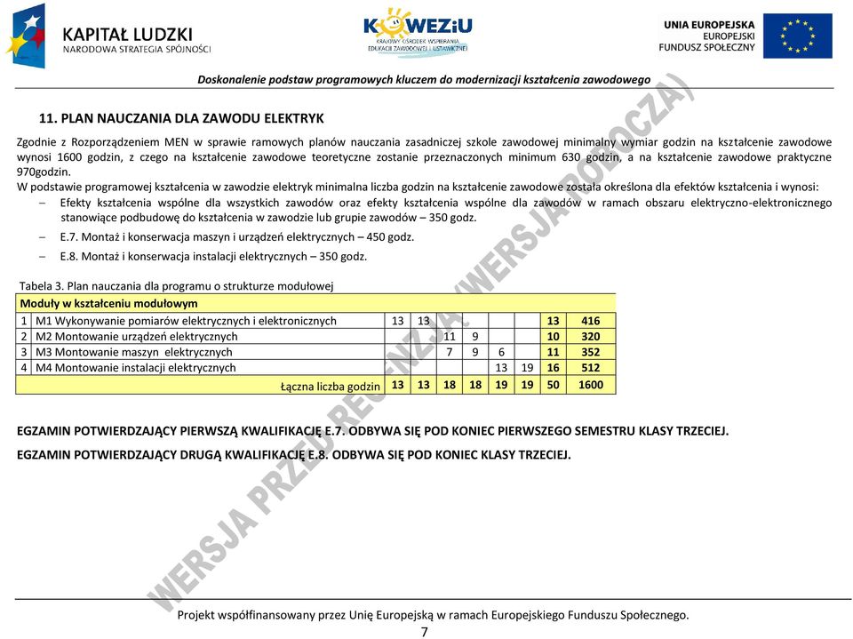 W podstawie programowej kształcenia w zawodzie elektryk minimalna liczba godzin na kształcenie zawodowe została określona dla efektów kształcenia i wynosi: Efekty kształcenia wspólne dla wszystkich