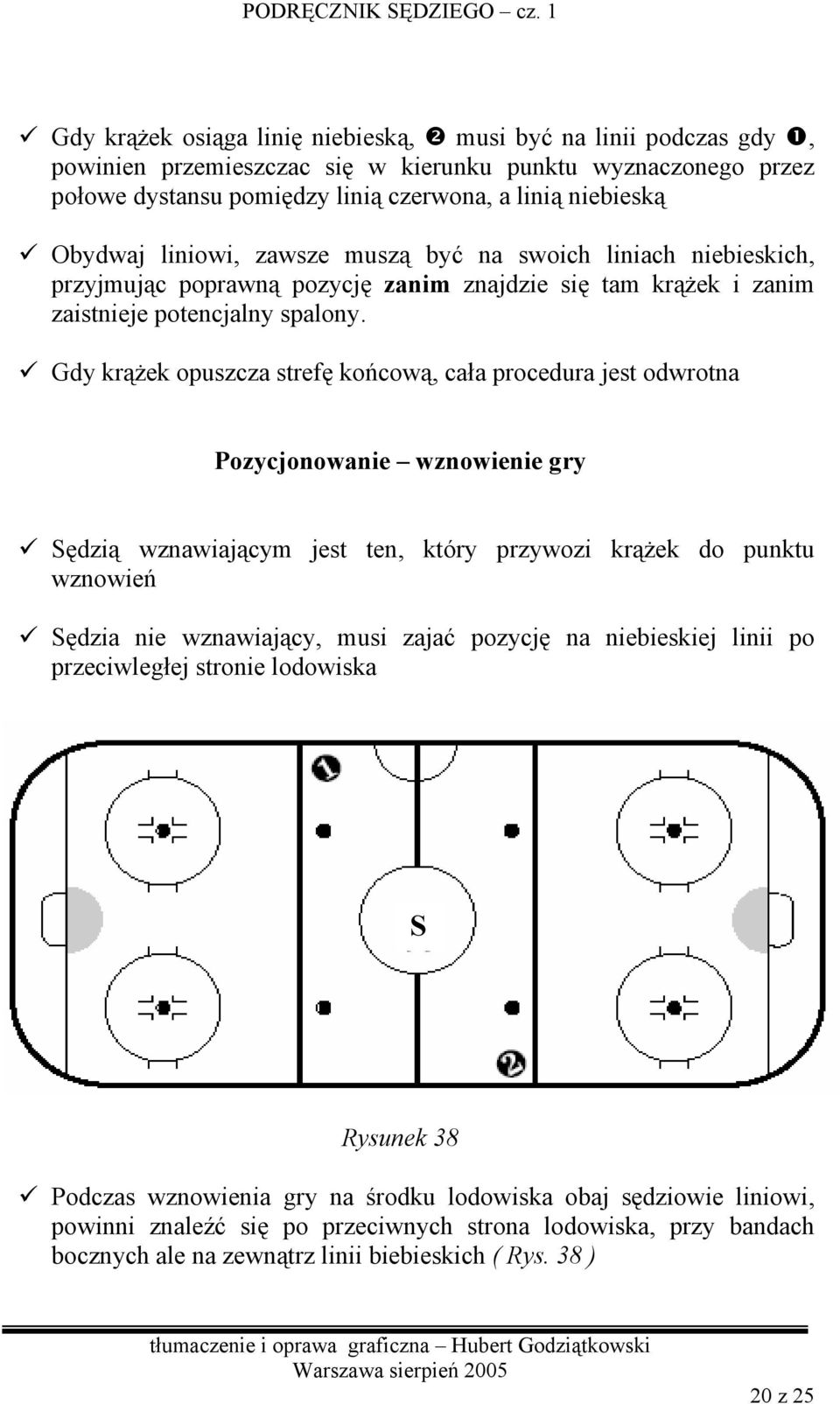 Gdy krążek opuszcza strefę końcową, cała procedura jest odwrotna Pozycjonowanie wznowienie gry ędzią wznawiającym jest ten, który przywozi krążek do punktu wznowień ędzia nie wznawiający, musi zajać