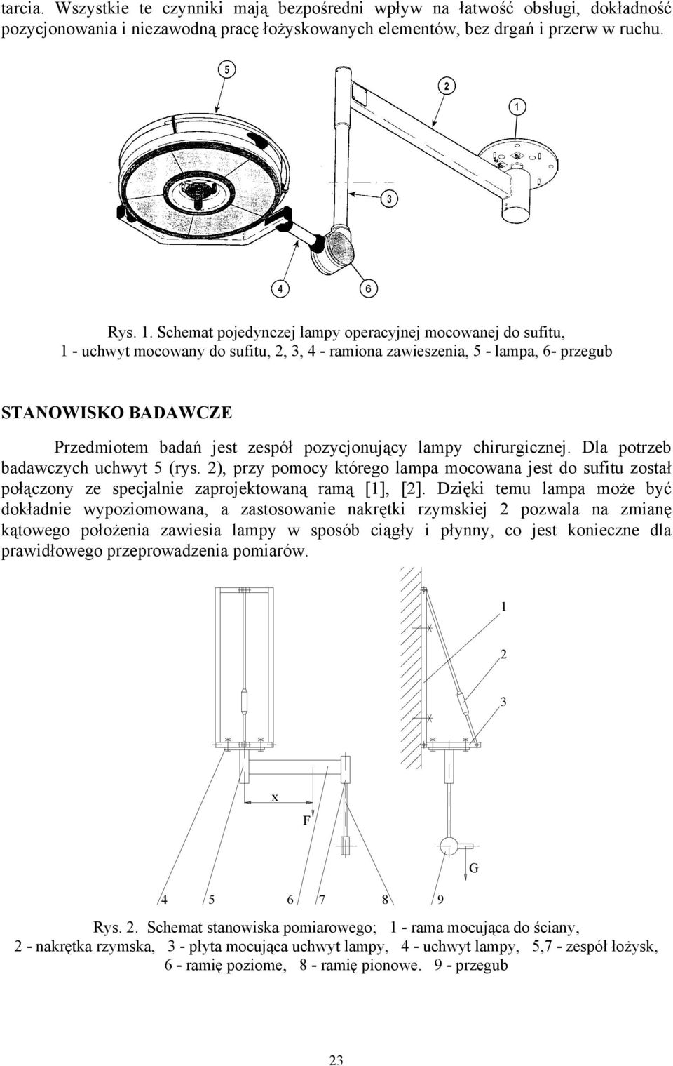 Schemat pojedynczej lampy operacyjnej mocowanej do sufitu, 1 - uchwyt mocowany do sufitu, 2, 3, 4 - ramiona zawieszenia, 5 - lampa, 6- przegub STANOWISKO BADAWCZE Przedmiotem badań jest zespół