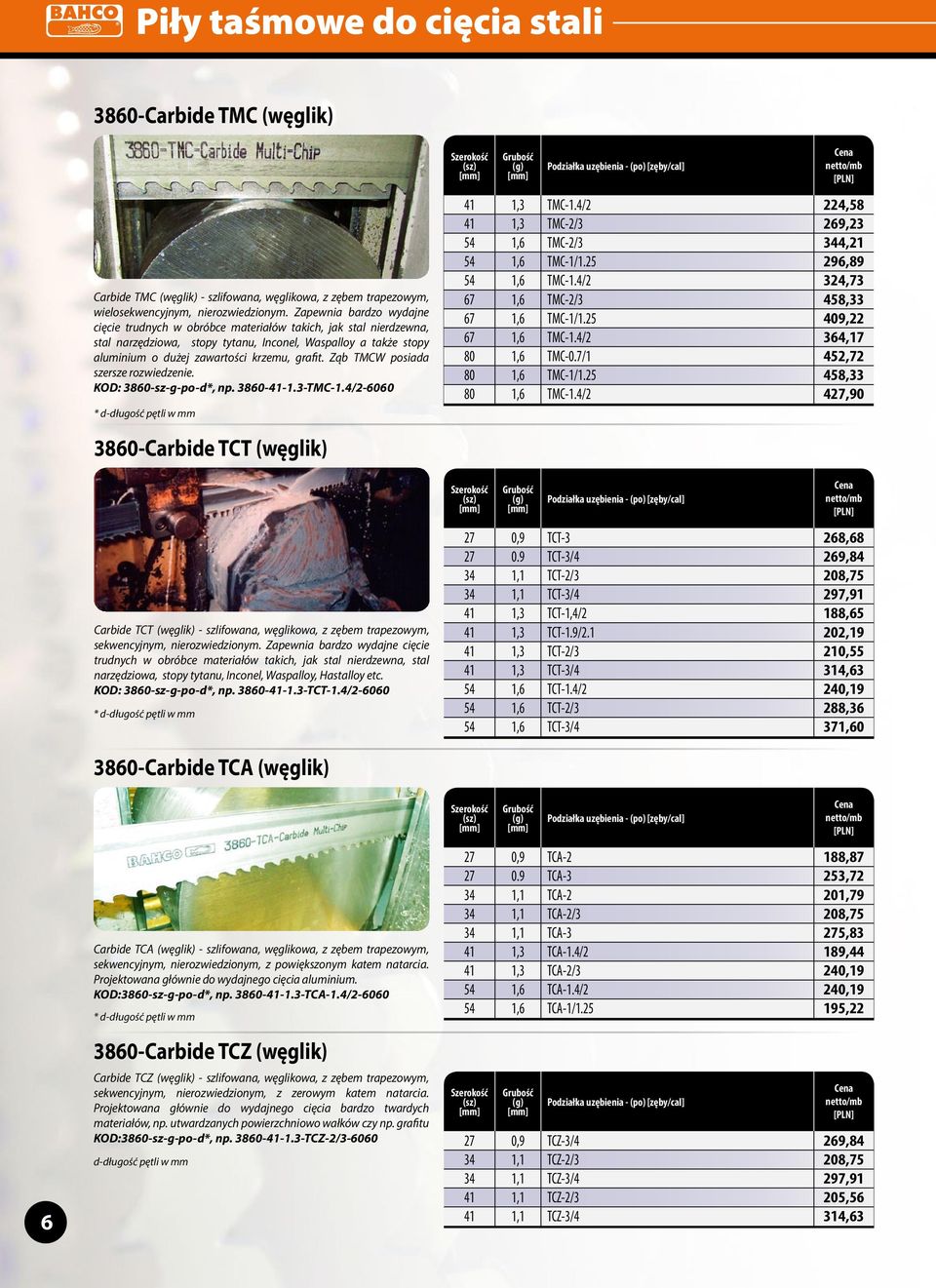 Ząb TMCW posiada szersze rozwiedzenie. KOD: 3860-sz-g-po-d*, np. 3860-41-1.3-TMC-1.4/2-6060 41 1,3 TMC-1.4/2 224,58 41 1,3 TMC-2/3 269,23 54 1,6 TMC-2/3 344,21 54 1,6 TMC-1/1.25 296,89 54 1,6 TMC-1.