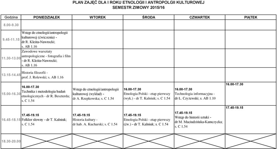 Beszterda; Wstęp do etnologii/antropologii kulturowej (wykład) - dr A. Rzepkowska; Etnologia Polski - etap pierwszy (wyk.) - dr T. Kalniuk; Technologia informacyjna - dr Ł.