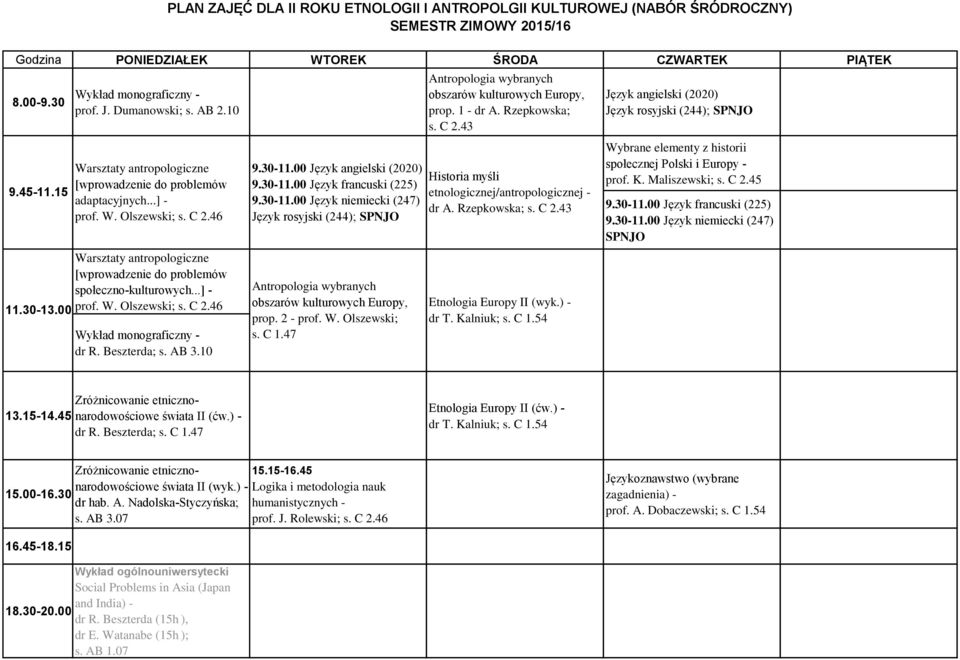 00 Język angielski (2020) 9.30-11.00 Język francuski (225) 9.30-11.00 Język niemiecki (247) Język rosyjski (244); SPNJO Antropologia wybranych obszarów kulturowych Europy, prop. 2 - prof. W.