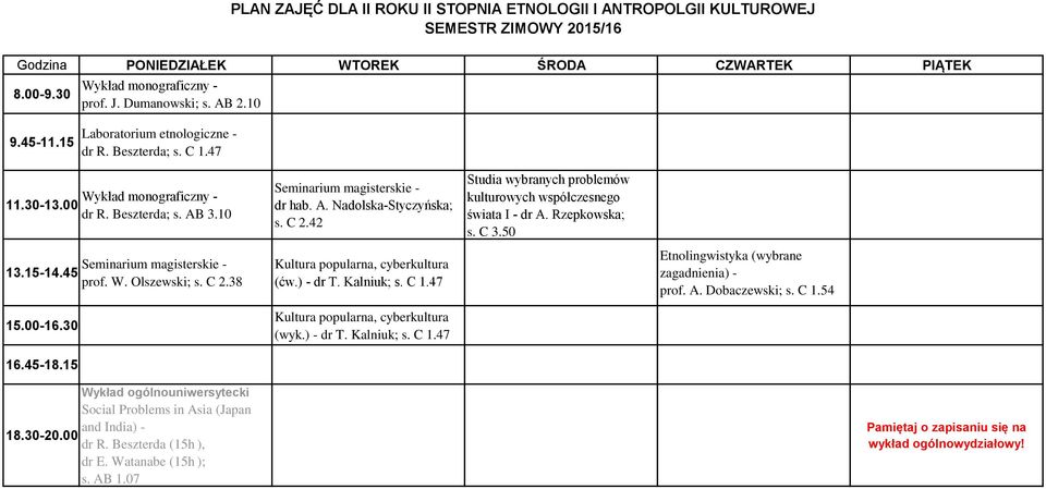 ) - dr T. Kalniuk; s. C 1.47 Studia wybranych problemów kulturowych współczesnego świata I - dr A.