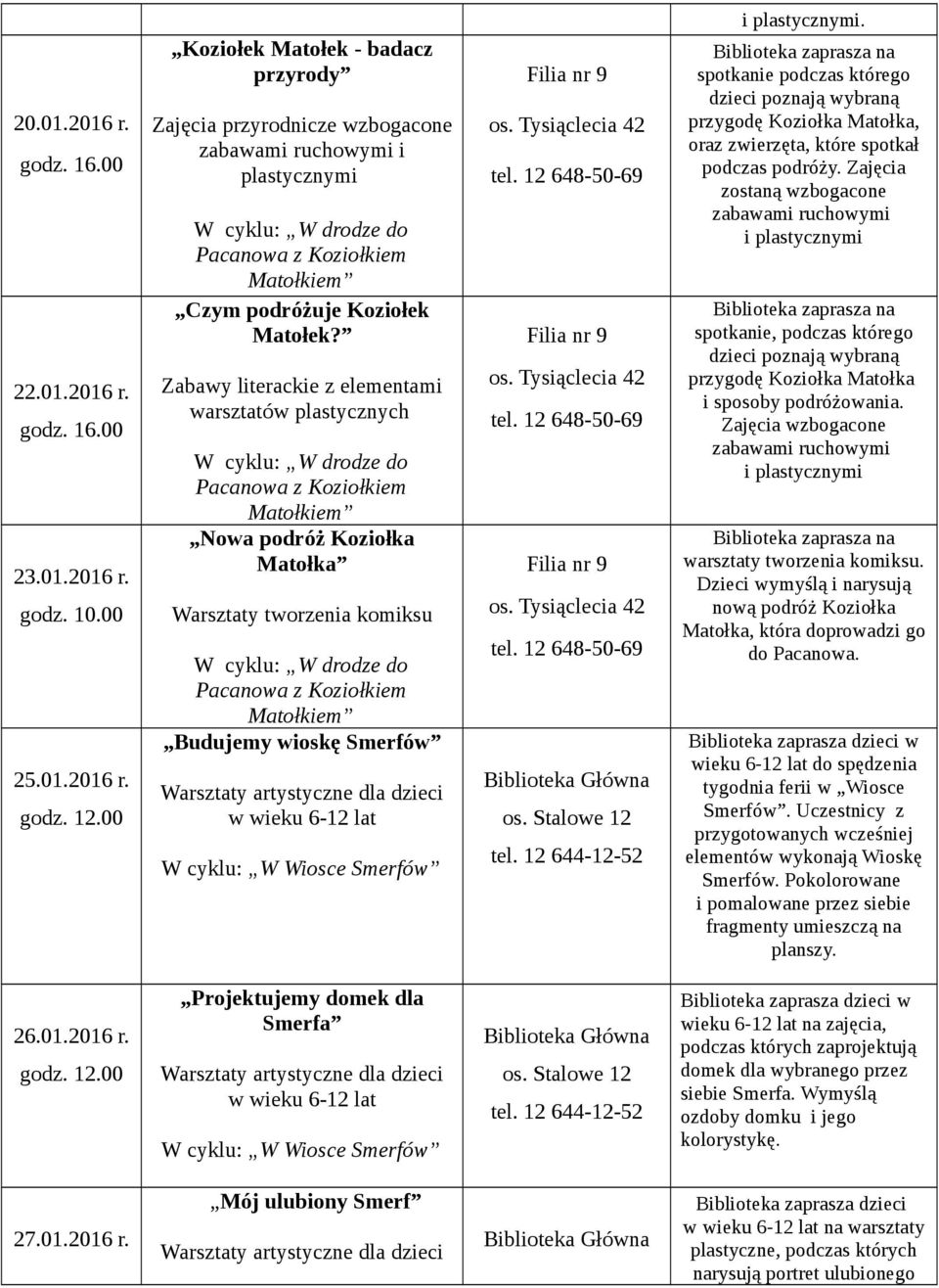 12 648-0-69 tel. 12 648-0-69 i plastycznymi. spotkanie podczas którego dzieci poznają wybraną przygodę Koziołka Matołka, oraz zwierzęta, które spotkał podczas podróży.