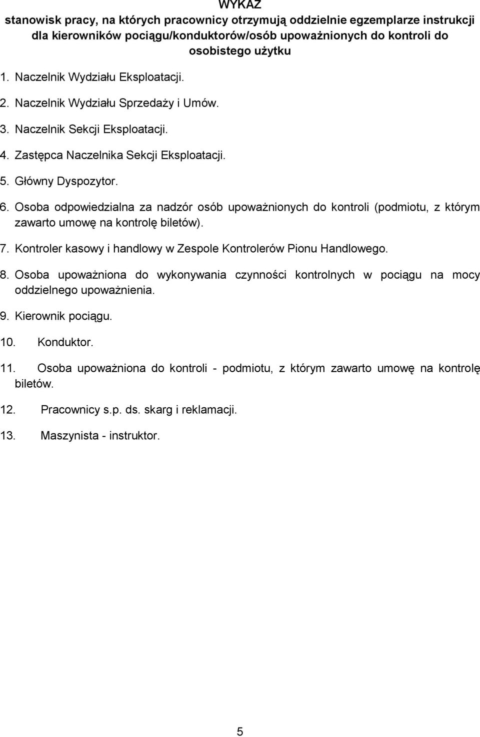 Osoba odpowiedzialna za nadzór osób upoważnionych do kontroli (podmiotu, z którym zawarto umowę na kontrolę biletów). 7. Kontroler kasowy i handlowy w Zespole Kontrolerów Pionu Handlowego. 8.