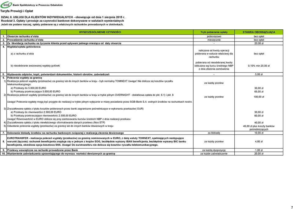 WYSZCZEGÓLNIENIE CZYNNOŚCI Tryb pobierania opłaty STAWKA OBOWIĄZUJĄCA 1. Otwarcie rachunku a vista jednorazowo bez opłat 2. Prowadzenie rachunku a vista miesięcznie bez opłat 3.